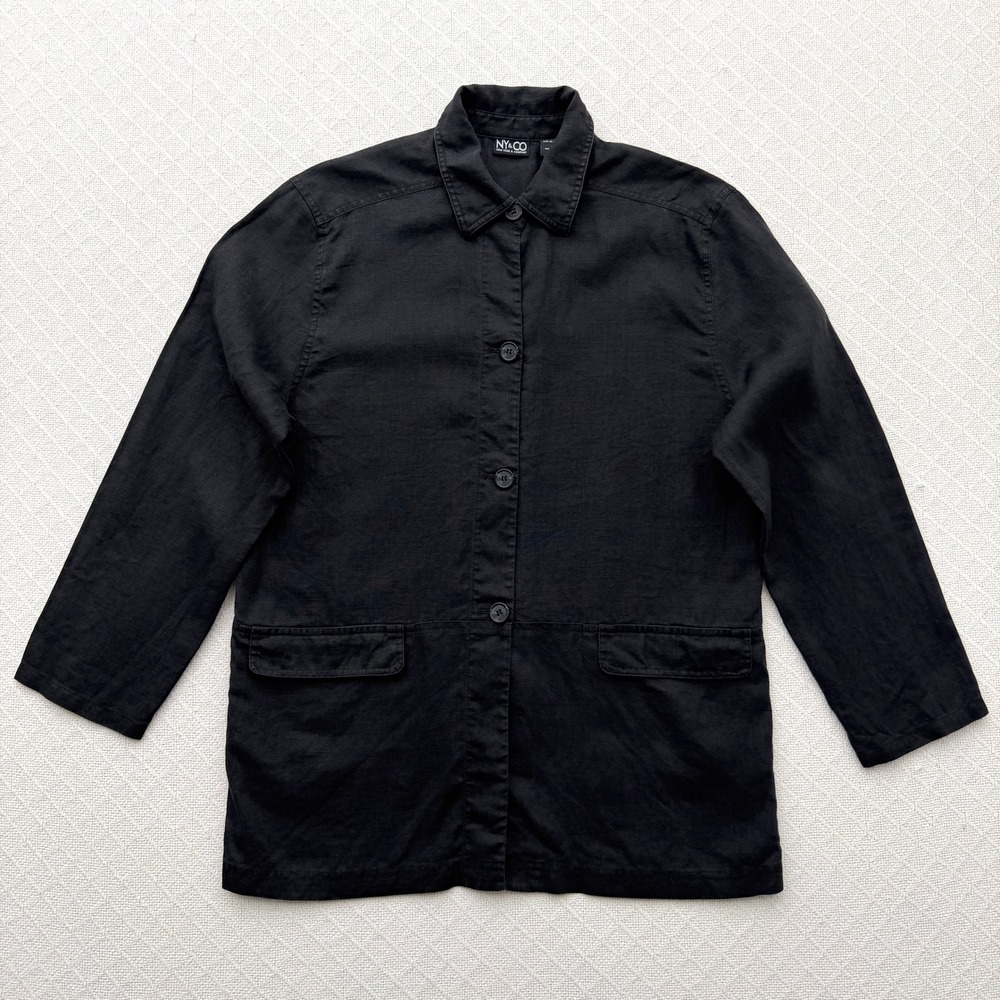New York & Company 100% Linen Chore Shirt Jacket Black Button Front Medium